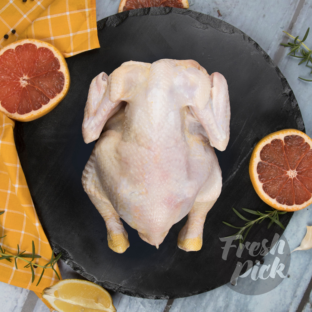 Whole Chicken with Skin | Antibiotic-residue-free | Grain-fed Farm-raised Chicken | Hormone-free | 900-1200g (Entire bird cleaned with skin)